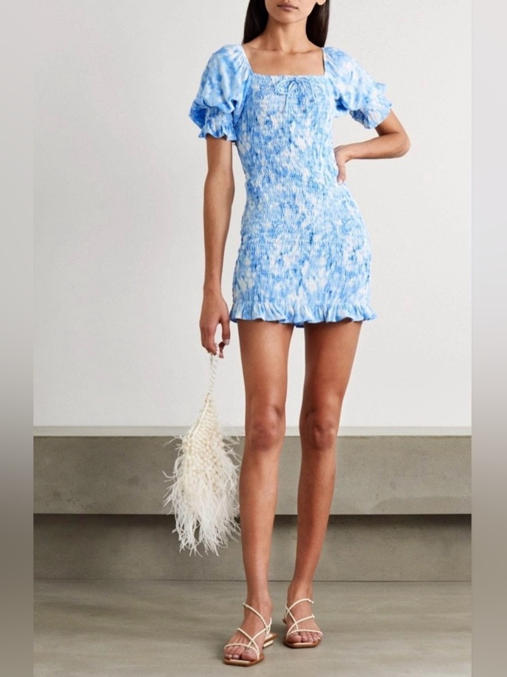 Faithfull The Brand Magnolia Smocked Mini Dress In Roos Tie Dye Blue Womens Sz 4